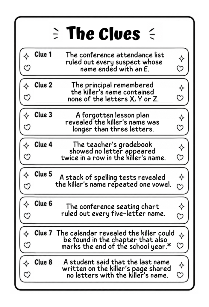 Clues 1-8 to Who Killed Teacher Puzzle Book