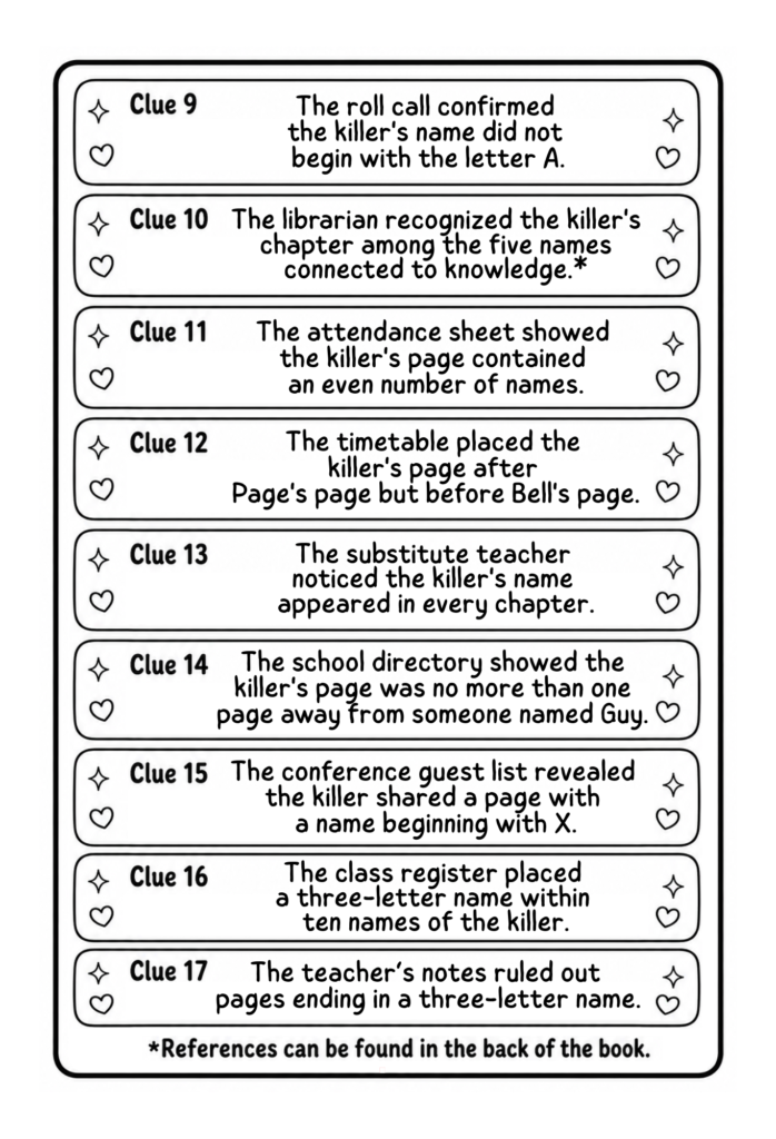 Clues 9-17 to Who Killed Teacher Puzzle Book